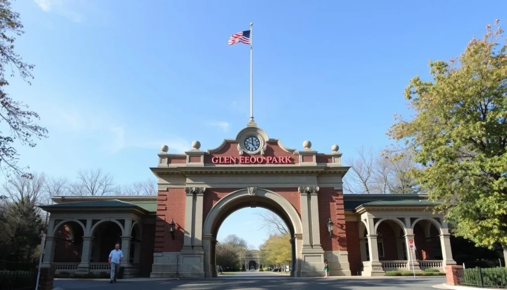 Generate an image of Glen Echo Park's historic entrance, capturing its unique architecture and vibrant atmosphere.