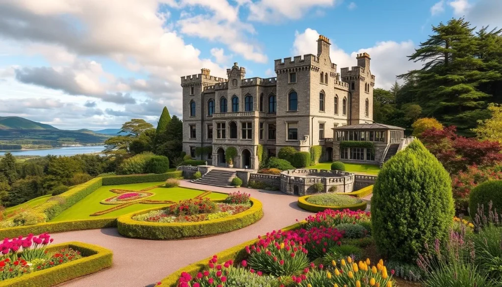 Generate an image of Glengorm Castle with its beautiful gardens and surrounding landscape.
