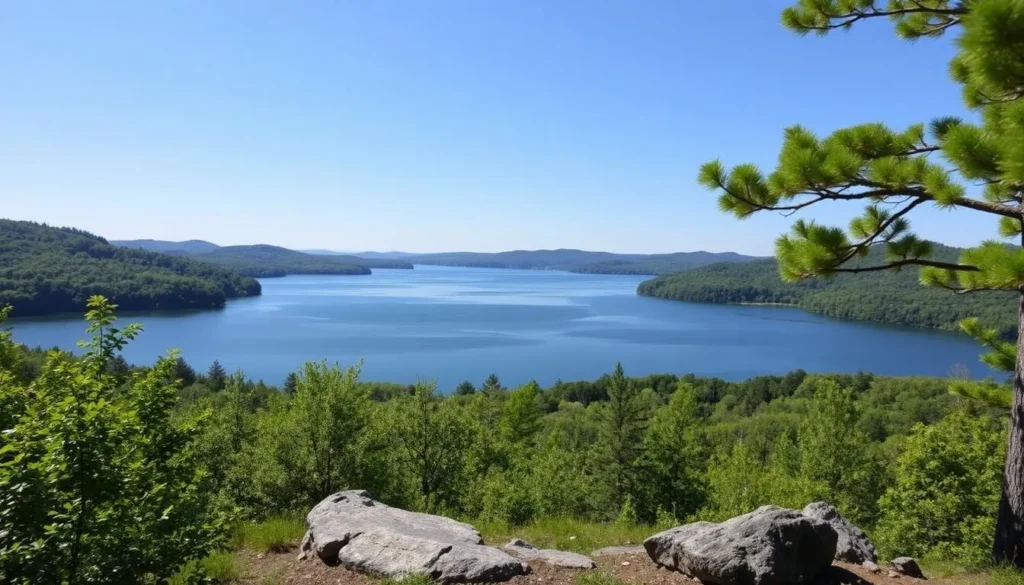 Generate an image of Glimmerglass State Park with Otsego Lake in the background.