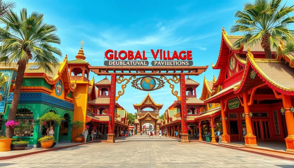 Generate an image of Global Village's entrance, highlighting its cultural pavilions.