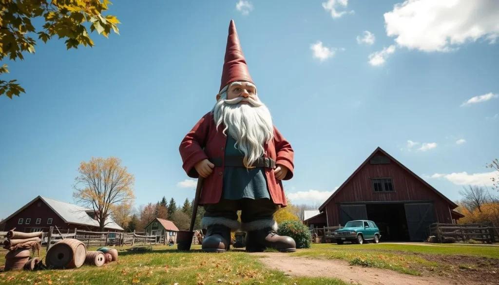Generate an image of Gnome Chomsky at Kelder's Farm, with the giant gnome standing guard over the farm's seasonal activities.