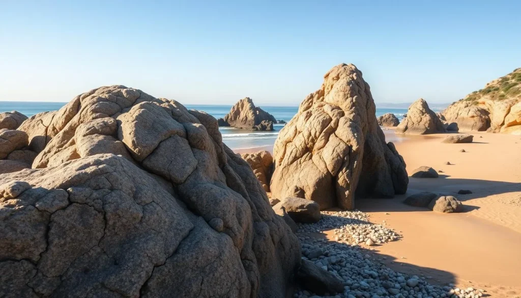 Generate an image of Golden Pebble Beach with its unique rock formations and sandy shores.