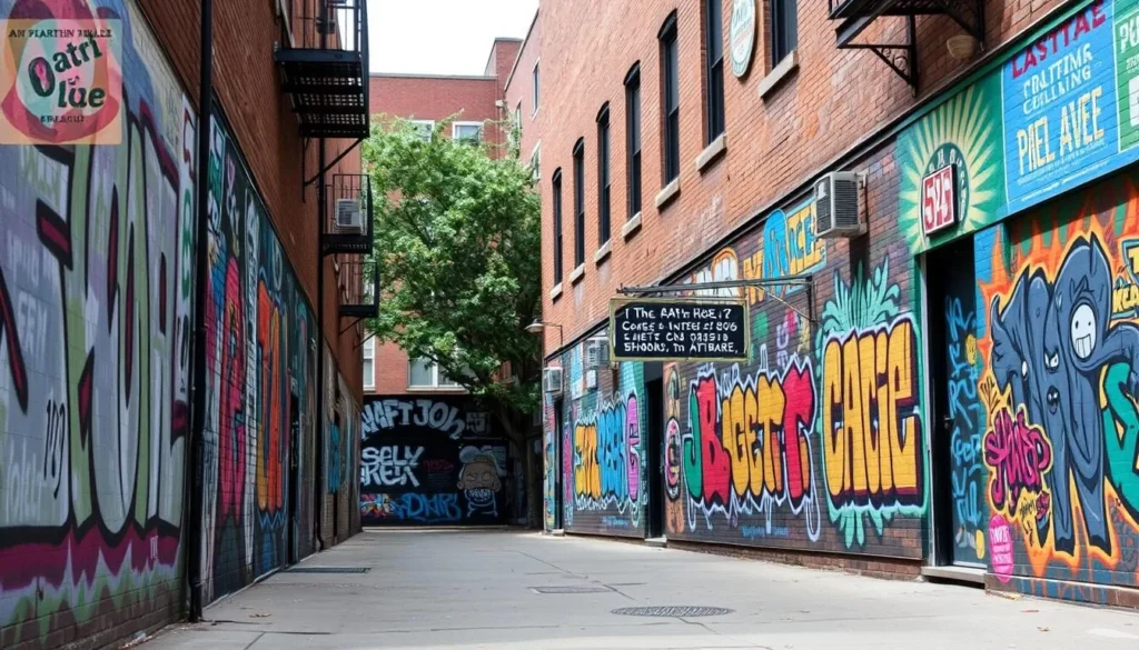Generate an image of Graffiti Alley in Ann Arbor, showcasing its vibrant street art. Generate an image of Graffiti Alley in Ann Arbor, showcasing its vibrant street art.