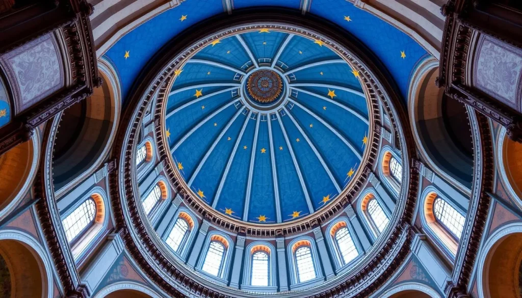 Generate an image of Granada Cathedral's interior, showcasing its impressive blue dome and gold stars.