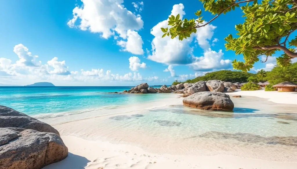Generate an image of Grand Anse Beach with its picturesque white sand and crystal-clear turquoise water.