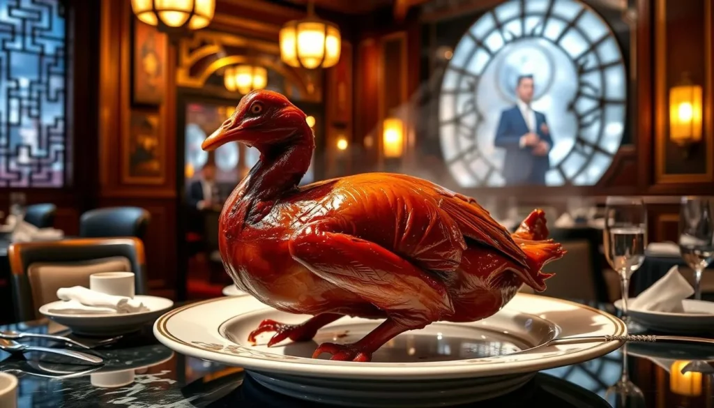 Generate an image of Grand Shanghai Restaurant's Peking duck being served in an opulent 1930s Shanghai-inspired setting.