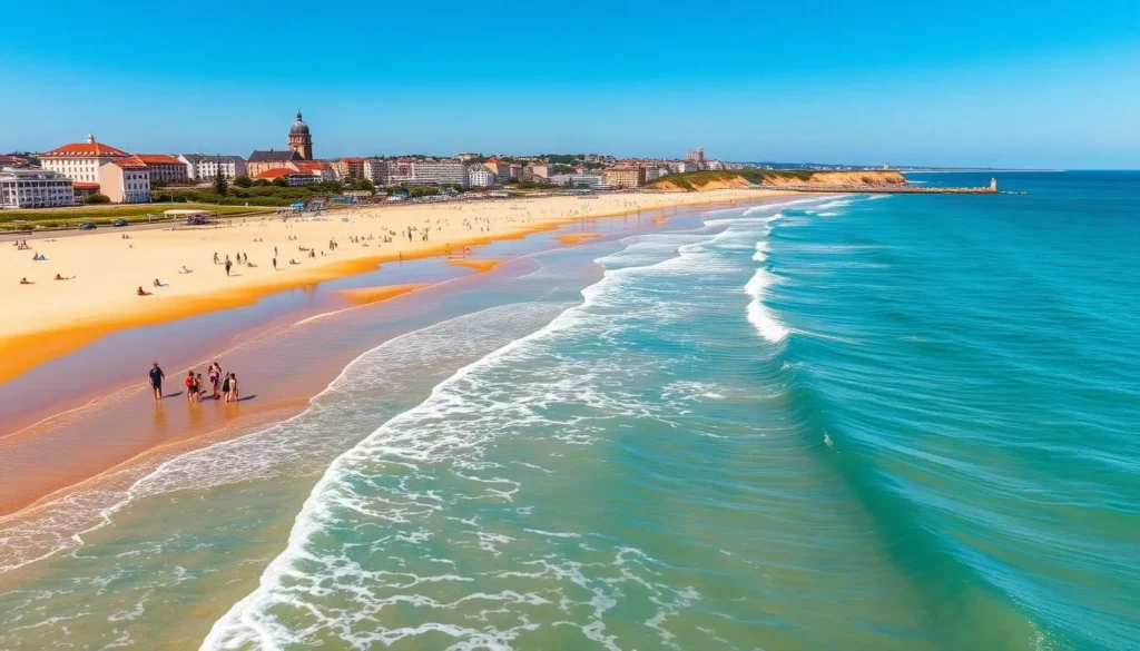 Generate an image of Grande Plage in Biarritz, showcasing its golden sands and crystal-clear waters.
