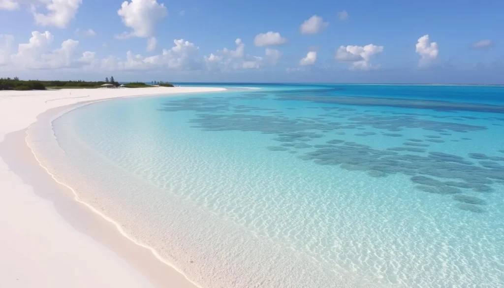 Generate an image of Great Exuma's stunning white sand beaches and crystal-clear waters.