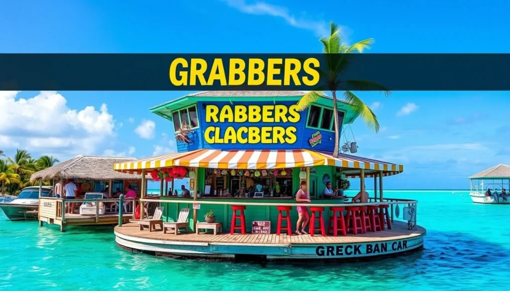 Generate an image of Great Guana Cay with Grabber's beach bar. Generate an image of Great Guana Cay with Grabber's beach bar.