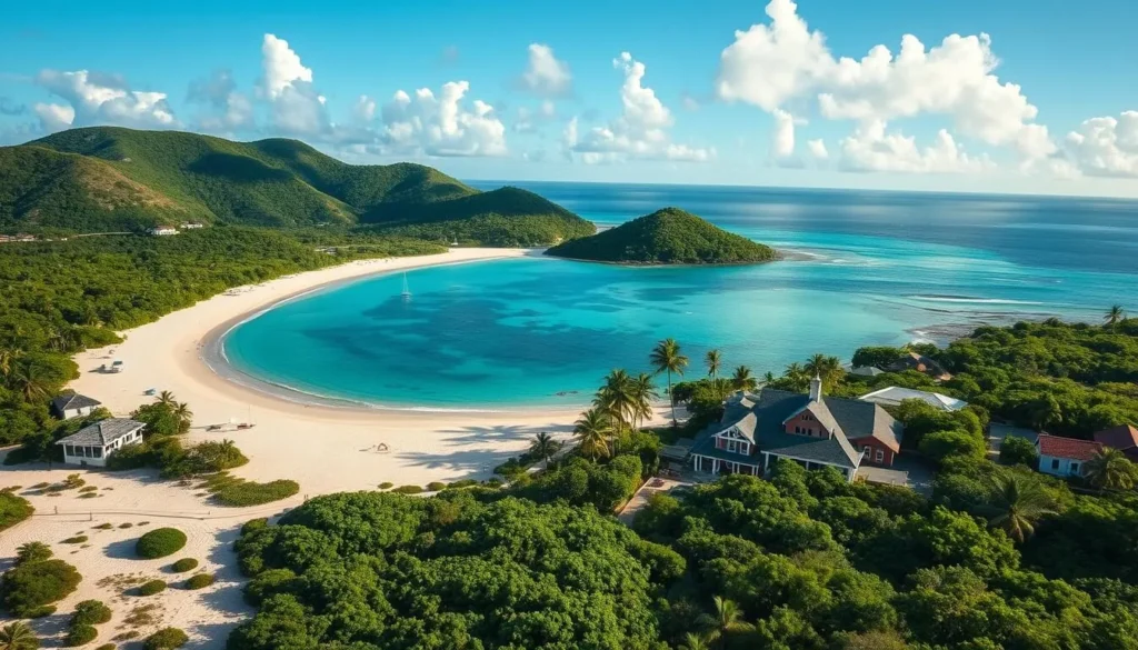 Generate an image of Green Turtle Cay with secluded beaches and historic New Plymouth settlement. Generate an image of Green Turtle Cay with secluded beaches and historic New Plymouth settlement.