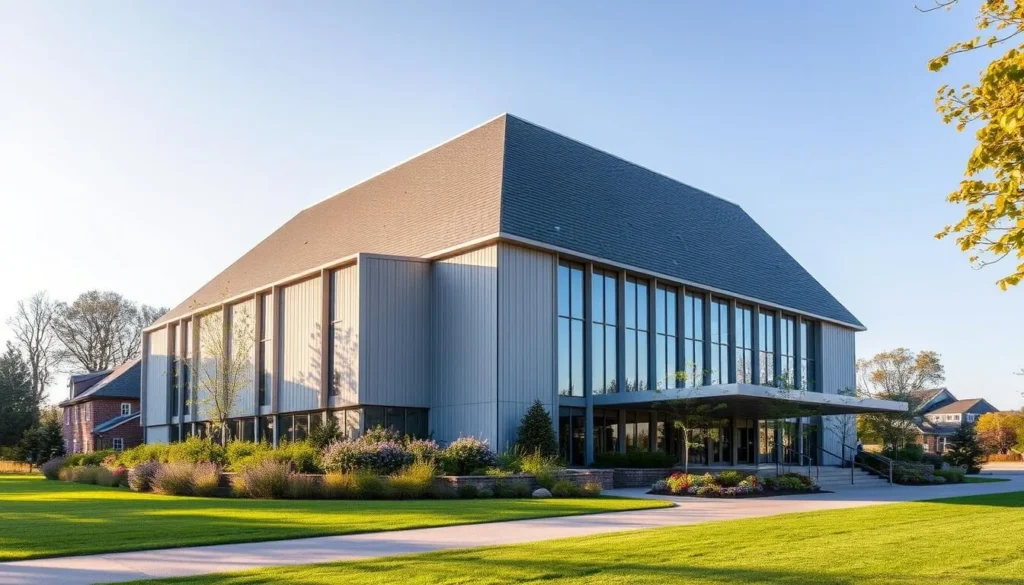 Generate an image of Guild Hall's exterior in East Hampton, showcasing its modern architecture amidst a serene landscape.