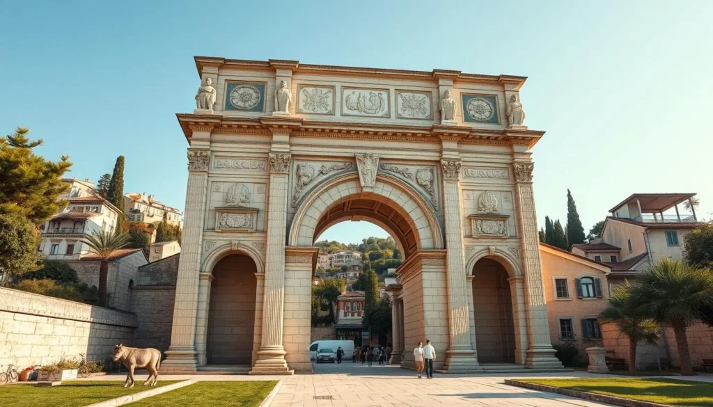 Generate an image of Hadrian's Gate, a triumphal arch in Antalya's Old Town.
