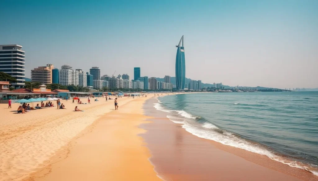Generate an image of Haeundae Beach with its golden sands and modern skyline.