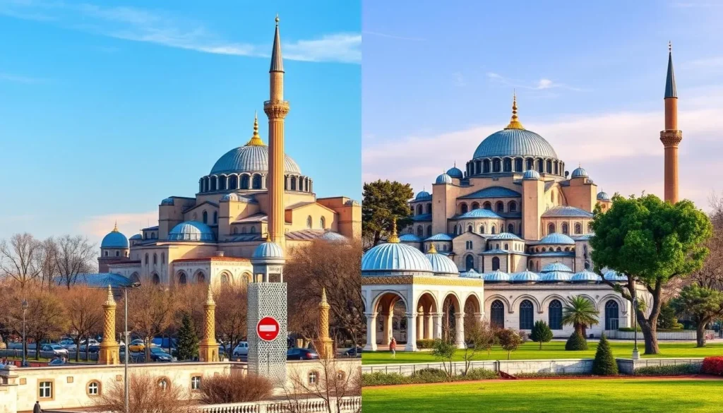 Generate an image of Hagia Sophia and Blue Mosque side by side