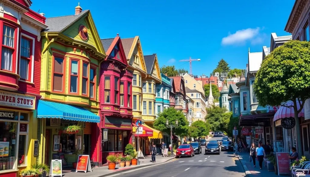 Generate an image of Haight-Ashbury's iconic street with eclectic shops and colorful Victorian houses.