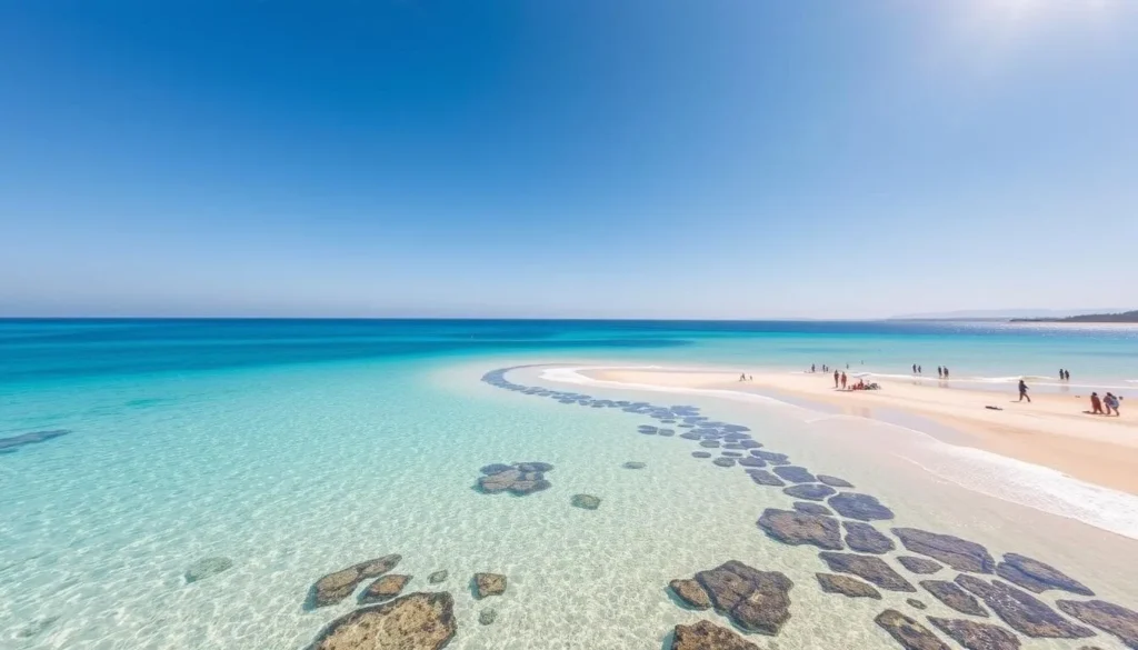 Generate an image of Half Moon Beach, showcasing its crescent shape and clear waters.
