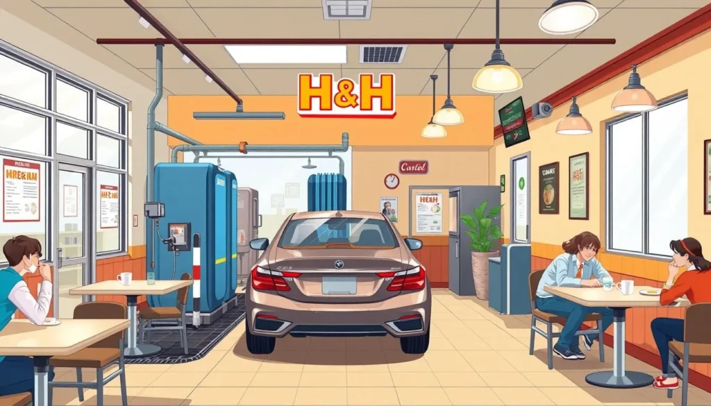 Generate an image of H&H Car Wash and Coffee Shop's interior, showing the car wash area alongside the dining space.