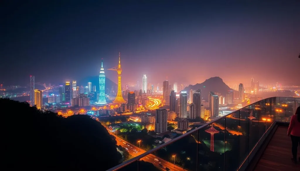 Generate an image of Hangzhou City Balcony at night with light shows
