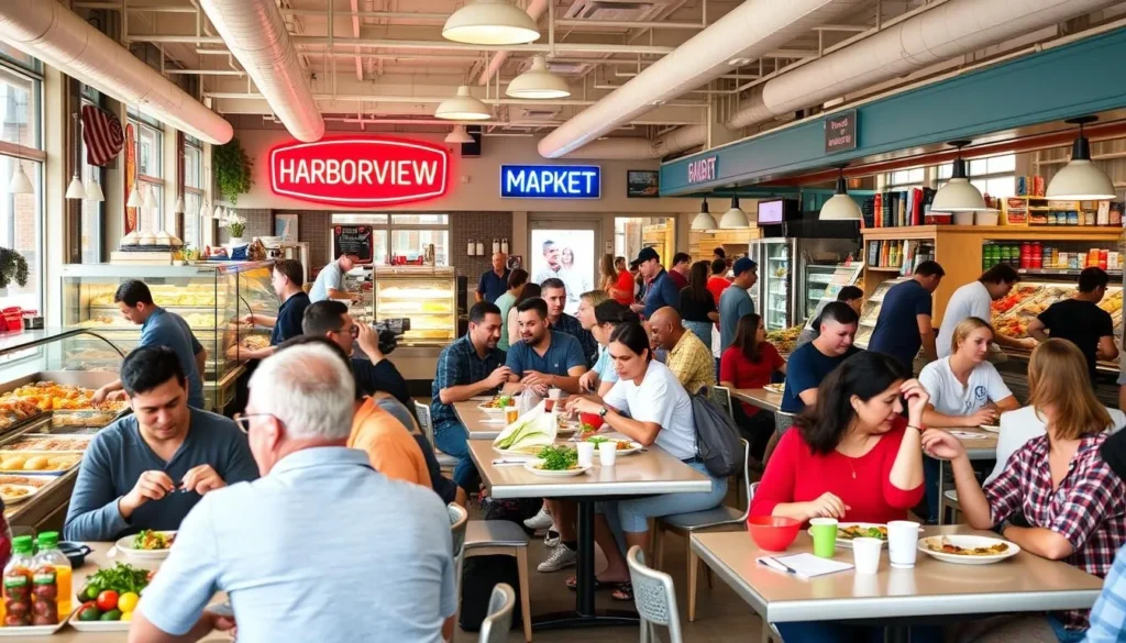 Generate an image of Harborview Market's interior with customers enjoying lunch.