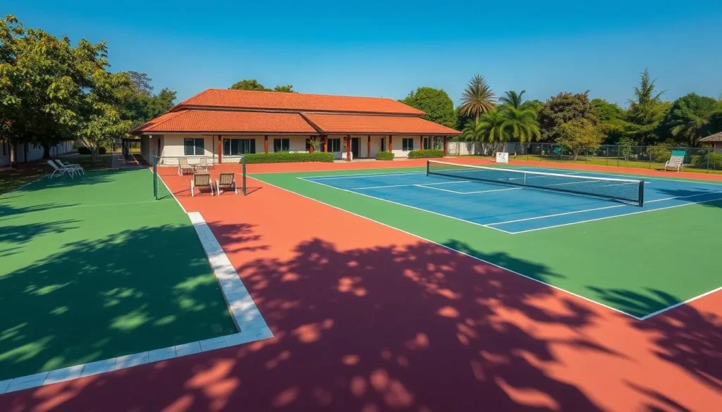 Generate an image of Harmonie Signature recreation center in Lomé, Togo, showcasing its large swimming pool and tennis court.