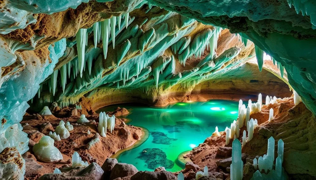 Generate an image of Harrison's Cave with crystal formations and emerald pools