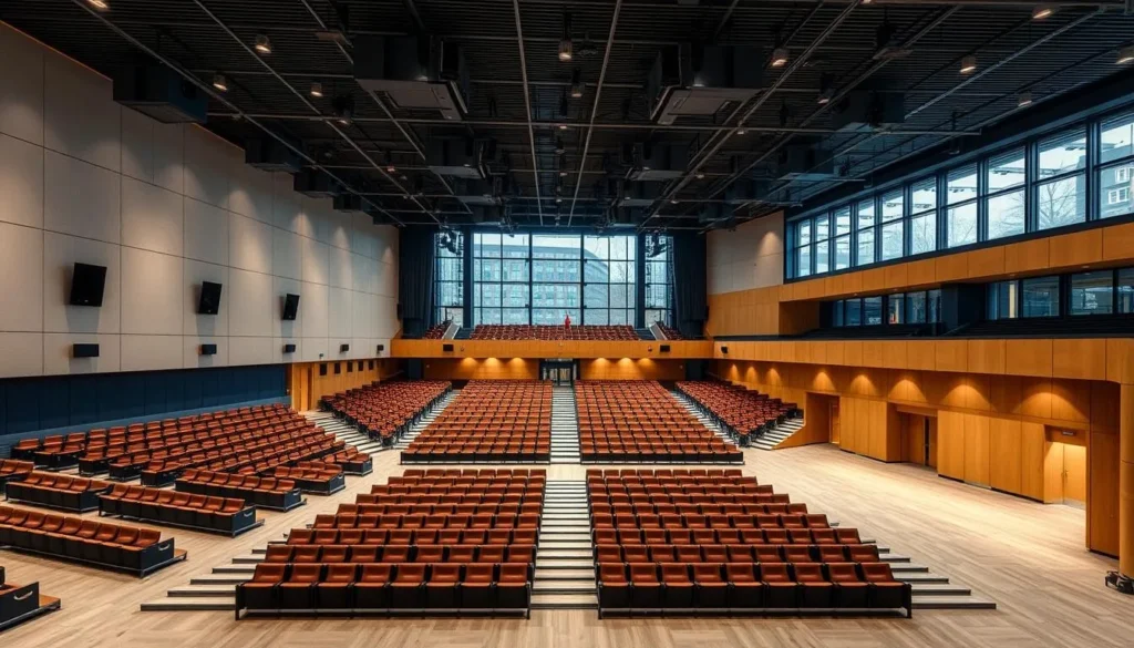 Generate an image of Hatfield Hall's modern auditorium, highlighting its state-of-the-art facilities and versatile performance spaces. Generate an image of Hatfield Hall's modern auditorium, highlighting its state-of-the-art facilities and versatile performance spaces.