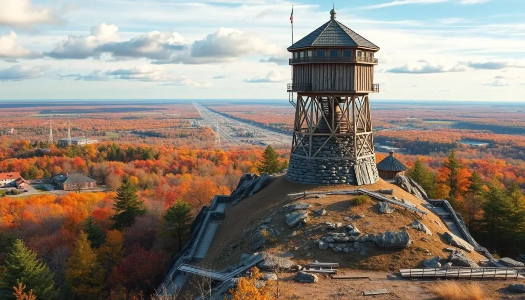 Generate an image of Haystack Mountain Tower in Norfolk, Connecticut.