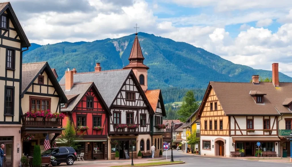 Generate an image of Helen, Georgia, showcasing its Bavarian architecture and the surrounding North Georgia Mountains.