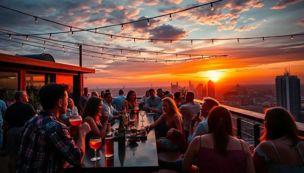 Generate an image of HiFi Rooftop Bar at sunset with patrons enjoying cocktails.