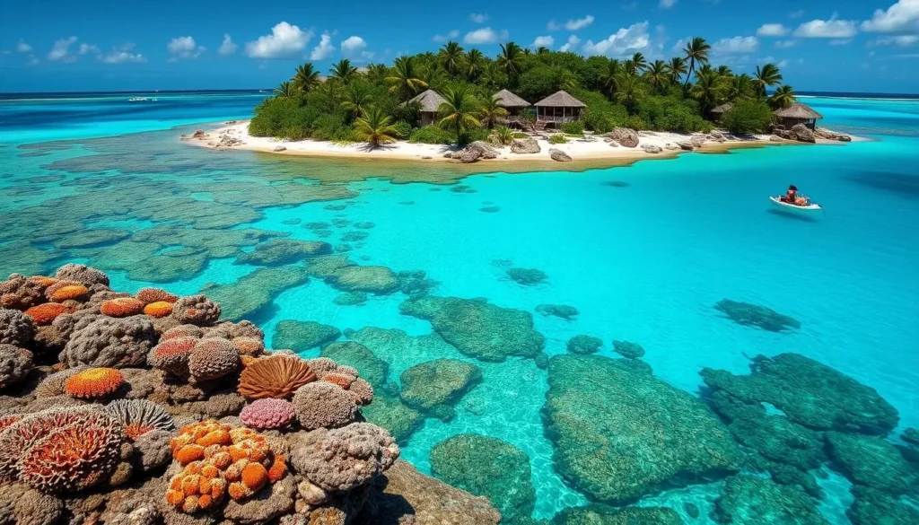 Generate an image of Hideaway Island Marine Reserve, showcasing its crystal-clear waters and vibrant coral reefs.