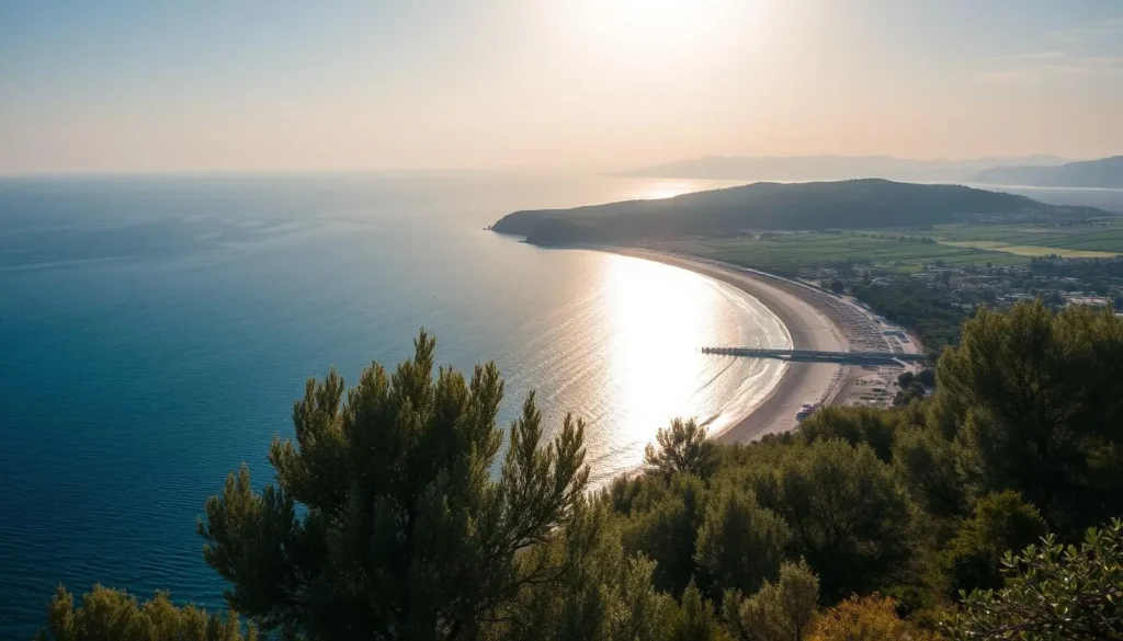 Generate an image of Himarë's scenic coastline with olive groves and a relaxed atmosphere.