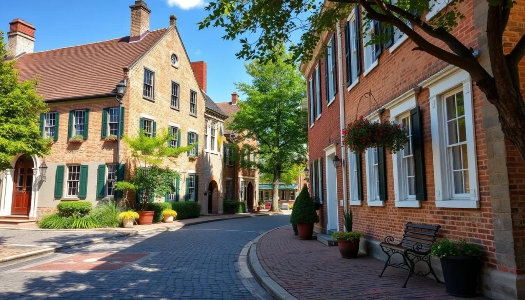 Generate an image of Historic New Castle's cobblestone streets and colonial architecture.