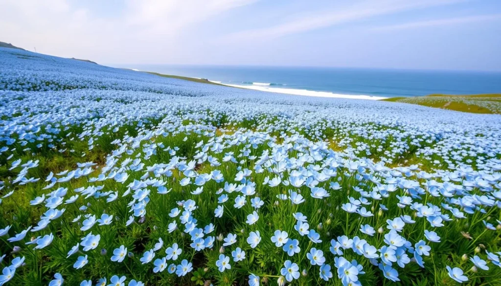 Generate an image of Hitachi Seaside Park during spring with millions of baby blue nemophila flowers.