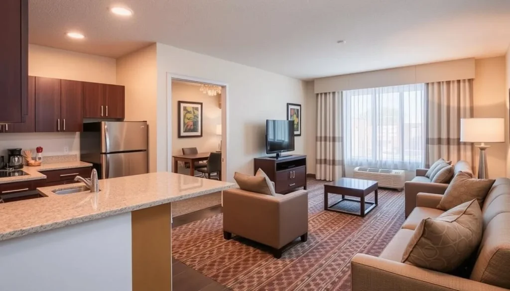 Generate an image of Homewood Suites' spacious suite with a fully equipped kitchen and a living room.