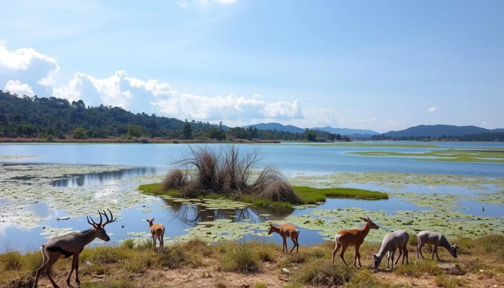 Generate an image of Hongya Lake Wetland Park showcasing its diverse wildlife and natural beauty.