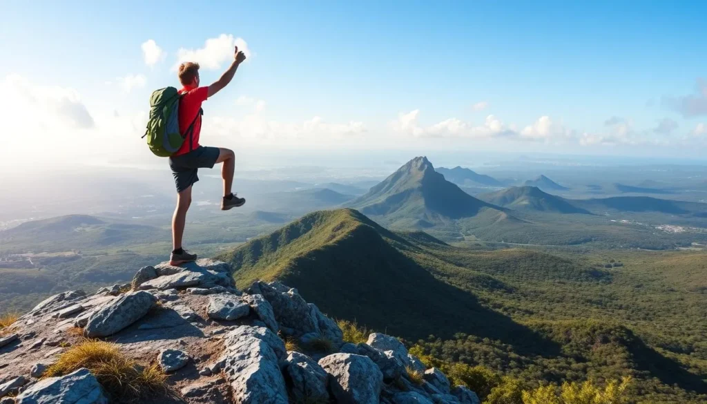 Generate an image of Hooiberg mountain in Aruba with a hiker reaching the top.