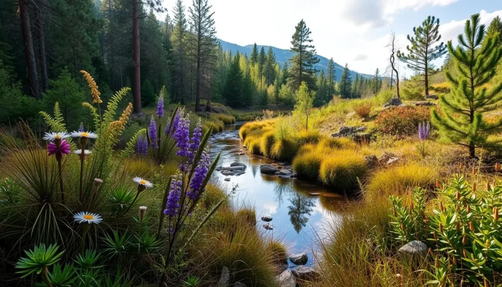 Generate an image of Hopkins Wilderness Park, showcasing its natural beauty with native plants and a serene environment.