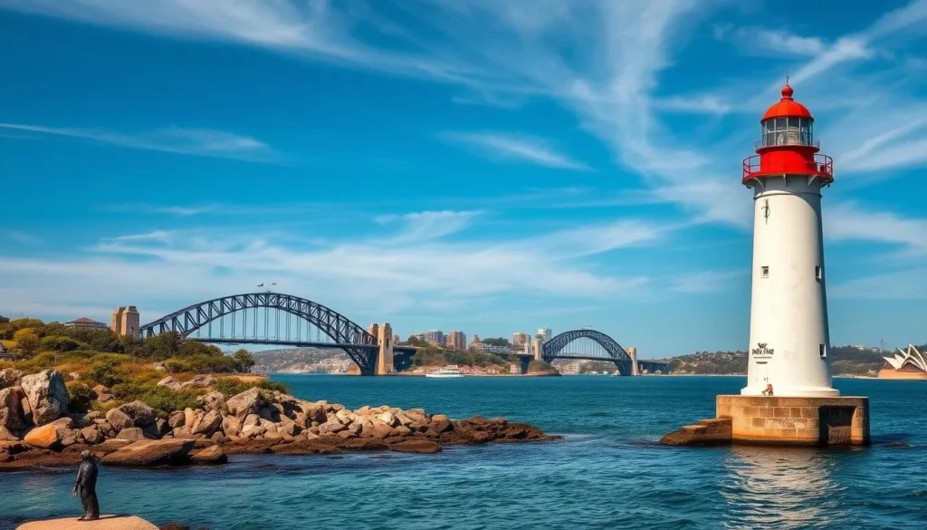 Generate an image of Hornby Lighthouse at Watsons Bay with Sydney Harbour in the background.