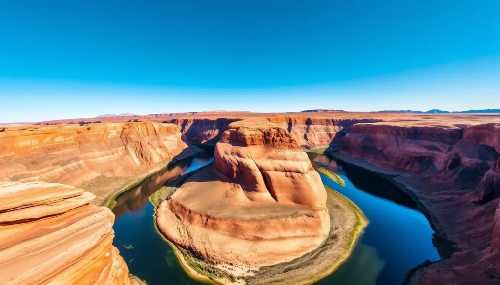 Generate an image of Horseshoe Bend with a dramatic 270-degree turn of the Colorado River.