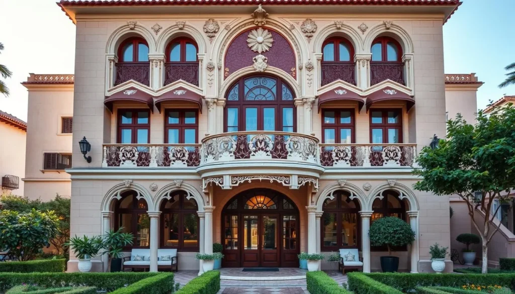 Generate an image of Hôtel Pams in Perpignan, showcasing its stunning Art Nouveau architecture and beautiful gardens.