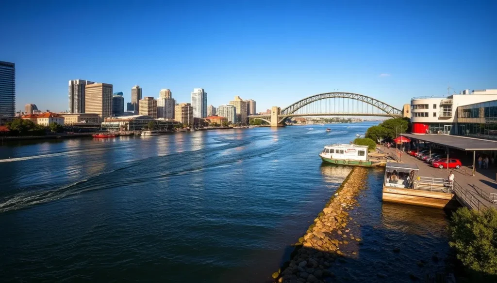 Generate an image of Howard Smith Wharves with the Brisbane River and Story Bridge in the background.