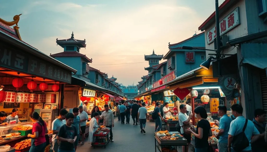 Generate an image of Huaiyuan Night Market at dusk, with vibrant stalls and people enjoying local food.