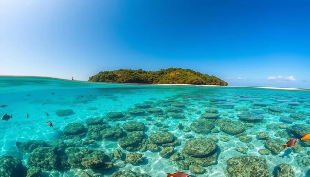 Generate an image of Hughaier Island with crystal-clear waters and a variety of marine life.
