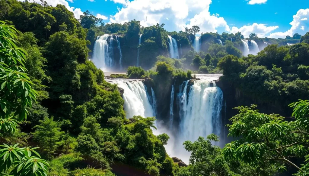 Generate an image of Iguazú Falls with the Devil's Throat in the foreground and lush rainforest surroundings.