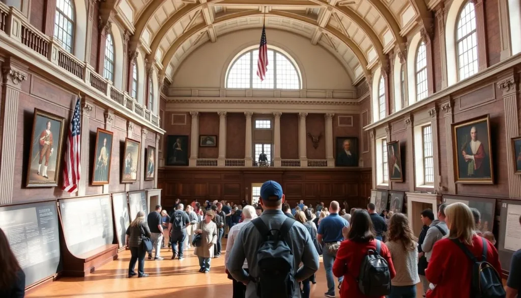 Generate an image of Independence Hall with a guided tour group inside.