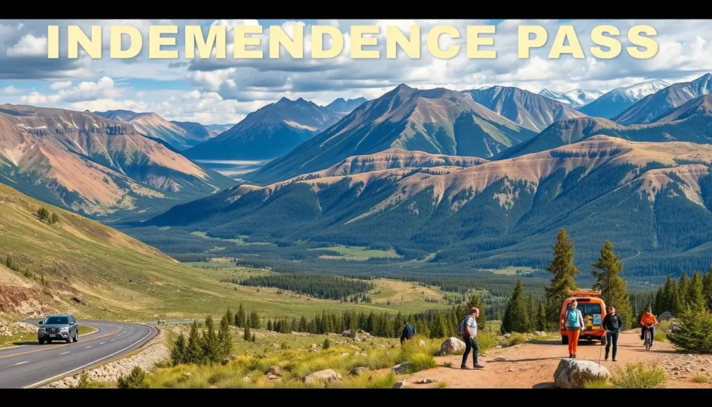 Generate an image of Independence Pass with a scenic drive, sweeping views of the Roaring Fork Valley, and recreational activities.