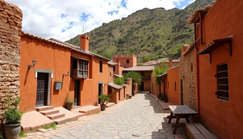 Generate an image of Iruya, a remote mountain town in Salta province, Argentina, showcasing its adobe houses and narrow stone streets.