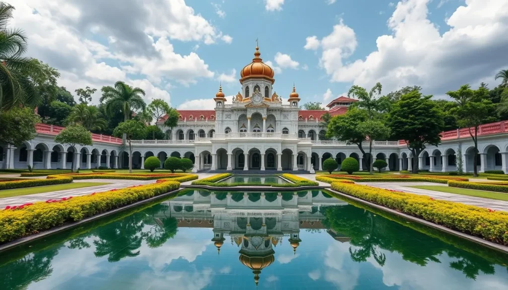 Generate an image of Istana Nurul Iman, showcasing its grand architecture and beautiful gardens.