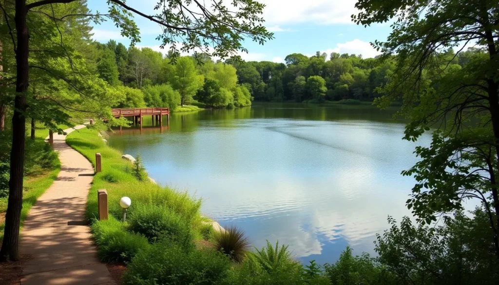 Generate an image of J.B. Miller Park and Lake with a serene lake surrounded by lush greenery and a walking trail.