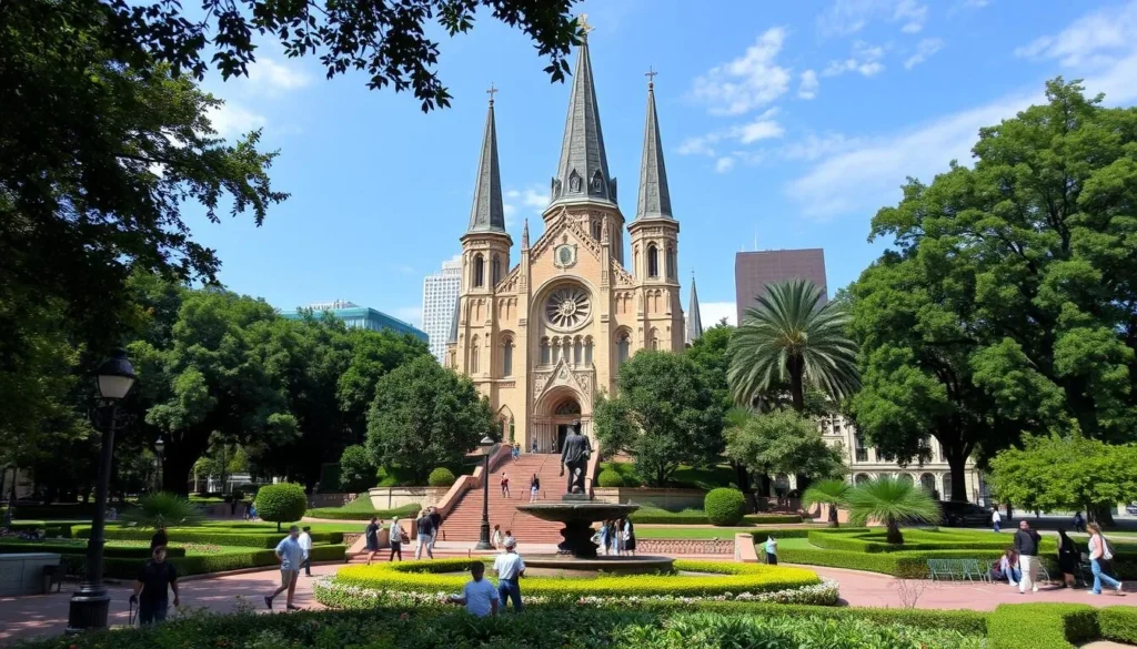Generate an image of Jackson Square with the St. Louis Cathedral in the background.